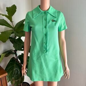 Vintage 70s Handmade Green Mod Mini Dress / Embroidered Turtle Collar Shift S/XS